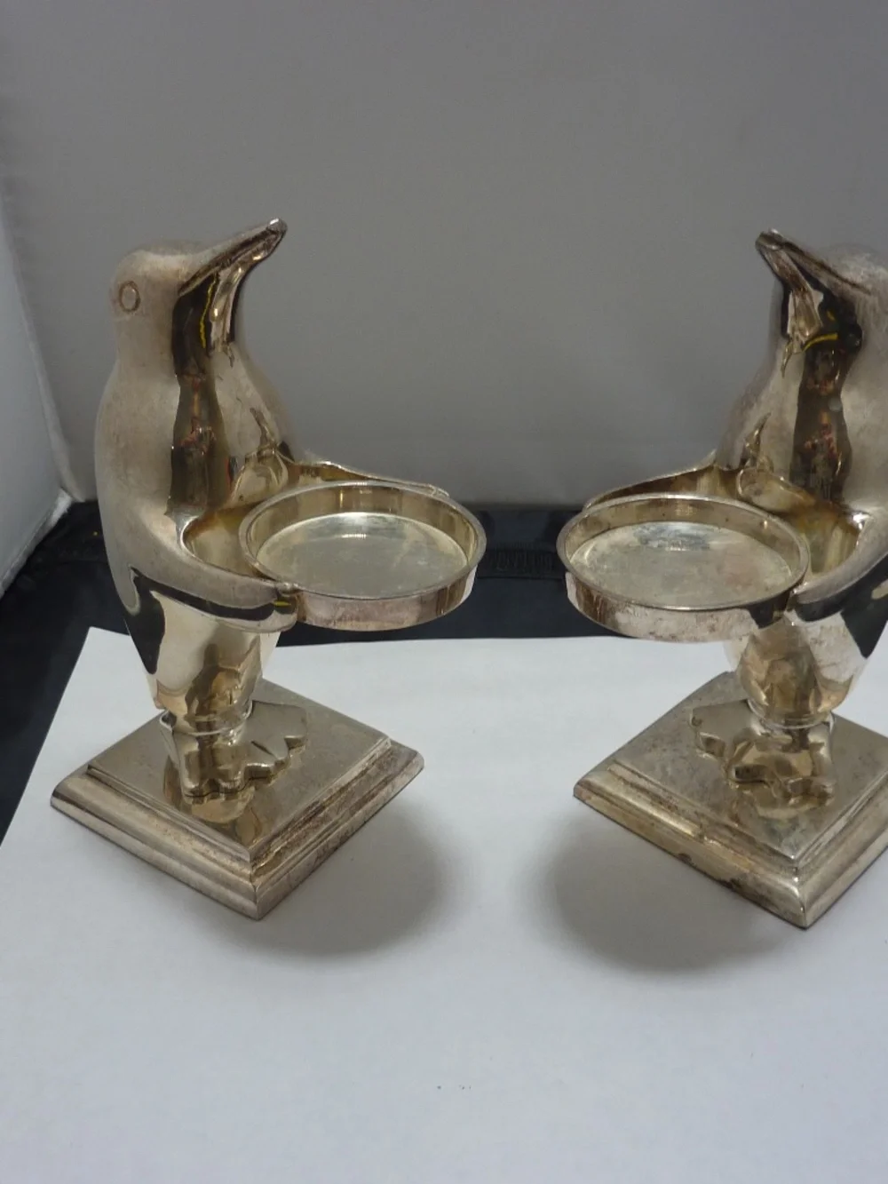 VTG Penguin Candle Holder Votive Set SILVER PLATED Metal Heavy Deco Bird Qty 2